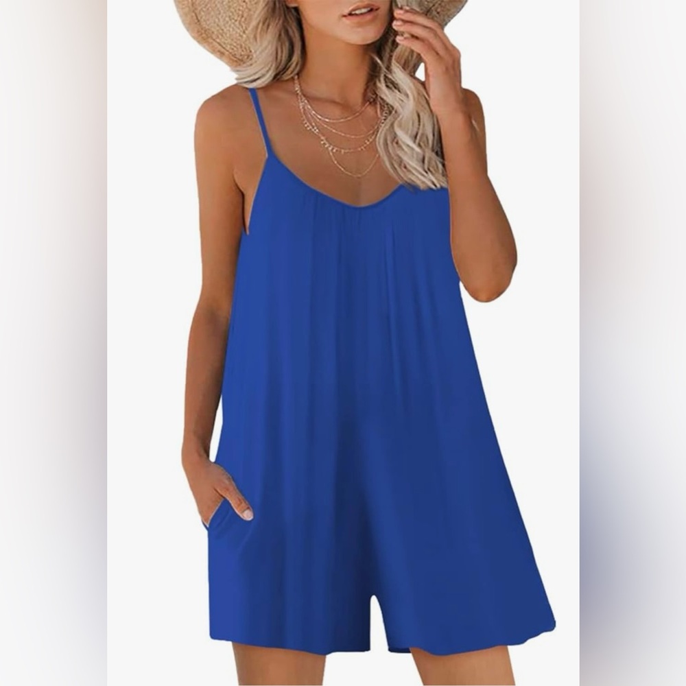 Vibrant Blue Sleeveless Shorts Romper with Pockets